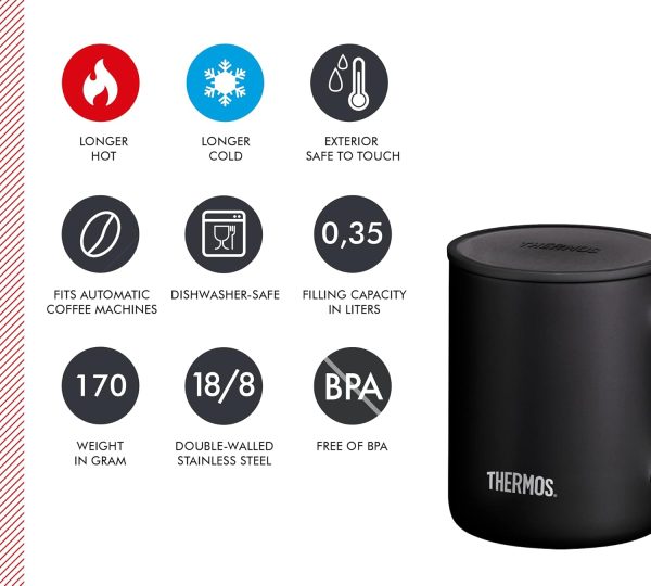 Thermos Edelstahlbecher Longlife Cup 350ml, Tasse Edelstahl schwarz mit auflegbarem Deckel, Kaffeebecher hält Getränke länger heiß, ideal für Büro oder Camping - 4071.232.035 5