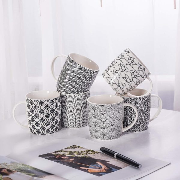 6er Set Kaffeebecher mit schwarz-weißem geometrischen Muster, Keramik Teetassen-Set 6er Pack (schwarze Tasse-Set) (Schwarz set of 6) 2