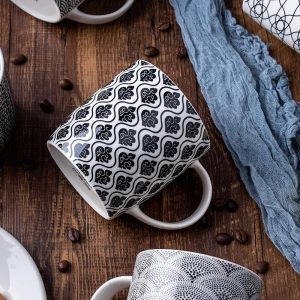 6er Set Kaffeebecher mit schwarz-weißem geometrischen Muster, Keramik Teetassen-Set 6er Pack (schwarze Tasse-Set) (Schwarz set of 6) 12