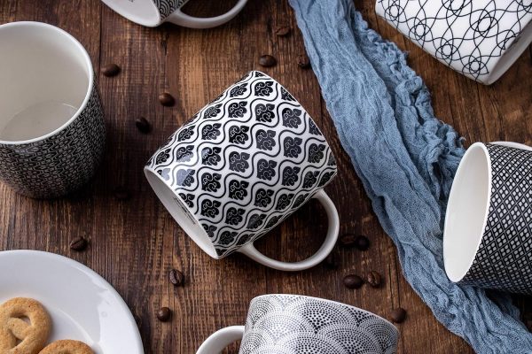 6er Set Kaffeebecher mit schwarz-weißem geometrischen Muster, Keramik Teetassen-Set 6er Pack (schwarze Tasse-Set) (Schwarz set of 6) 4