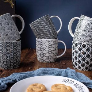 6er Set Kaffeebecher mit schwarz-weißem geometrischen Muster, Keramik Teetassen-Set 6er Pack (schwarze Tasse-Set) (Schwarz set of 6) 14