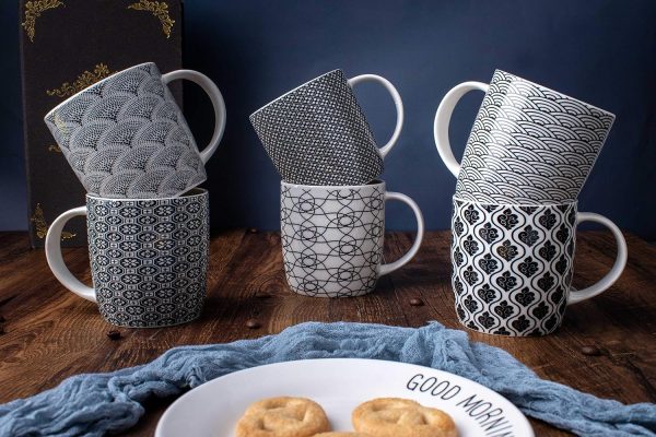 6er Set Kaffeebecher mit schwarz-weißem geometrischen Muster, Keramik Teetassen-Set 6er Pack (schwarze Tasse-Set) (Schwarz set of 6) 5