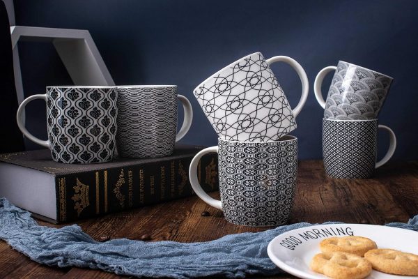 6er Set Kaffeebecher mit schwarz-weißem geometrischen Muster, Keramik Teetassen-Set 6er Pack (schwarze Tasse-Set) (Schwarz set of 6) 6