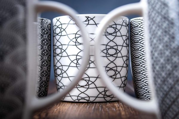 6er Set Kaffeebecher mit schwarz-weißem geometrischen Muster, Keramik Teetassen-Set 6er Pack (schwarze Tasse-Set) (Schwarz set of 6) 7