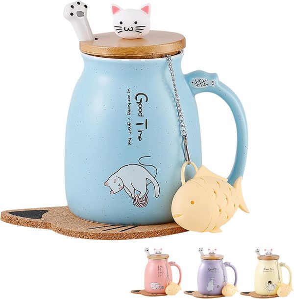 Geschenke für Frauen Katzen Tasse Süße Keramik Kaffeetasse mit deckel Edelstahl Löffel Lustige Weihnachten Geschenke Neuheit Morgen Cup Tee Milch Teetasse mit Deckel und Sieb 380ML 1