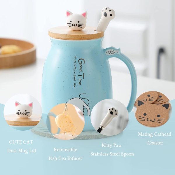 Geschenke für Frauen Katzen Tasse Süße Keramik Kaffeetasse mit deckel Edelstahl Löffel Lustige Weihnachten Geschenke Neuheit Morgen Cup Tee Milch Teetasse mit Deckel und Sieb 380ML 2