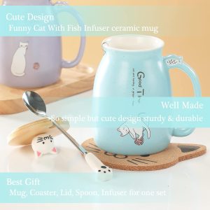 Geschenke für Frauen Katzen Tasse Süße Keramik Kaffeetasse mit deckel Edelstahl Löffel Lustige Weihnachten Geschenke Neuheit Morgen Cup Tee Milch Teetasse mit Deckel und Sieb 380ML 12