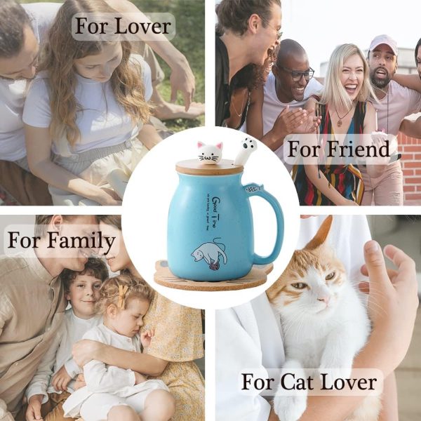 Geschenke für Frauen Katzen Tasse Süße Keramik Kaffeetasse mit deckel Edelstahl Löffel Lustige Weihnachten Geschenke Neuheit Morgen Cup Tee Milch Teetasse mit Deckel und Sieb 380ML 5