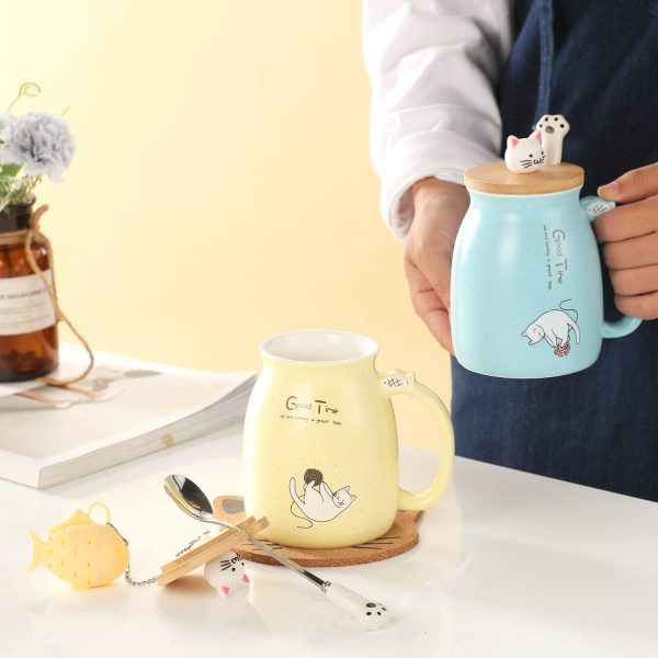 Geschenke für Frauen Katzen Tasse Süße Keramik Kaffeetasse mit deckel Edelstahl Löffel Lustige Weihnachten Geschenke Neuheit Morgen Cup Tee Milch Teetasse mit Deckel und Sieb 380ML 9