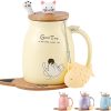 Geschenke für Frauen Katzen-Tasse Süße Keramik Kaffeetasse mit deckel,Edelstahl Löffel, Neuheit Morgen Cup Tee Milch Weihnachten Geschenke Teetasse mit Deckel und Sieb 380ML(Gelb) 26