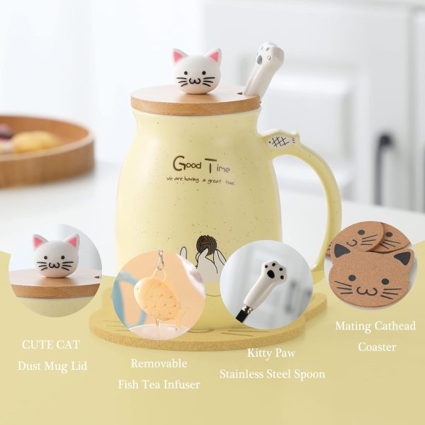 Geschenke für Frauen Katzen-Tasse Süße Keramik Kaffeetasse mit deckel,Edelstahl Löffel, Neuheit Morgen Cup Tee Milch Weihnachten Geschenke Teetasse mit Deckel und Sieb 380ML(Gelb) 2