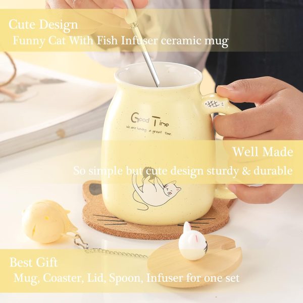 Geschenke für Frauen Katzen-Tasse Süße Keramik Kaffeetasse mit deckel,Edelstahl Löffel, Neuheit Morgen Cup Tee Milch Weihnachten Geschenke Teetasse mit Deckel und Sieb 380ML(Gelb) 3