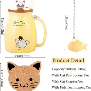 Geschenke für Frauen Katzen-Tasse Süße Keramik Kaffeetasse mit deckel,Edelstahl Löffel, Neuheit Morgen Cup Tee Milch Weihnachten Geschenke Teetasse mit Deckel und Sieb 380ML(Gelb) 14