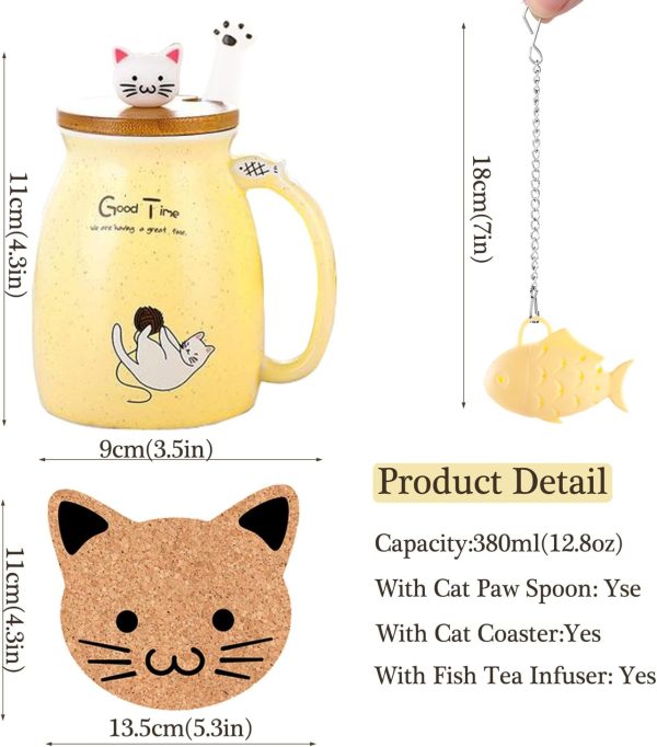 Geschenke für Frauen Katzen-Tasse Süße Keramik Kaffeetasse mit deckel,Edelstahl Löffel, Neuheit Morgen Cup Tee Milch Weihnachten Geschenke Teetasse mit Deckel und Sieb 380ML(Gelb) 4