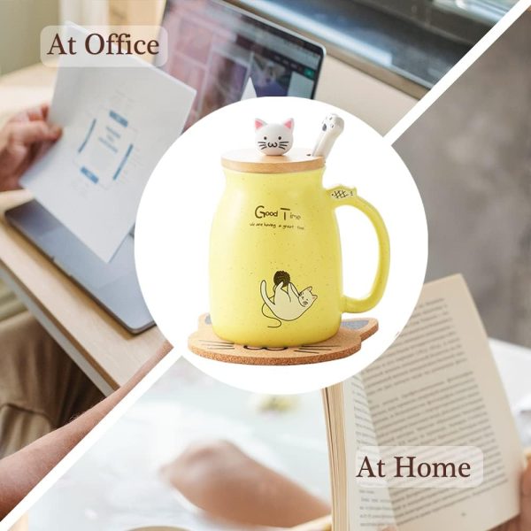 Geschenke für Frauen Katzen-Tasse Süße Keramik Kaffeetasse mit deckel,Edelstahl Löffel, Neuheit Morgen Cup Tee Milch Weihnachten Geschenke Teetasse mit Deckel und Sieb 380ML(Gelb) 6