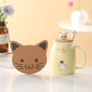 Geschenke für Frauen Katzen-Tasse Süße Keramik Kaffeetasse mit deckel,Edelstahl Löffel, Neuheit Morgen Cup Tee Milch Weihnachten Geschenke Teetasse mit Deckel und Sieb 380ML(Gelb) 22