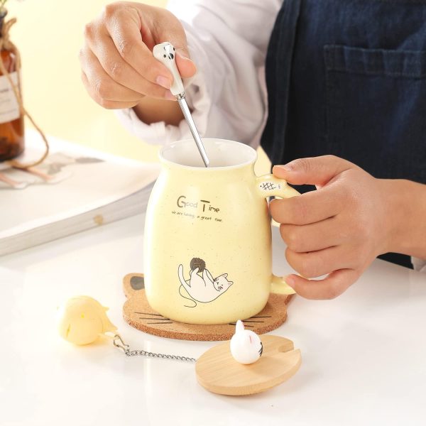 Geschenke für Frauen Katzen-Tasse Süße Keramik Kaffeetasse mit deckel,Edelstahl Löffel, Neuheit Morgen Cup Tee Milch Weihnachten Geschenke Teetasse mit Deckel und Sieb 380ML(Gelb) 9