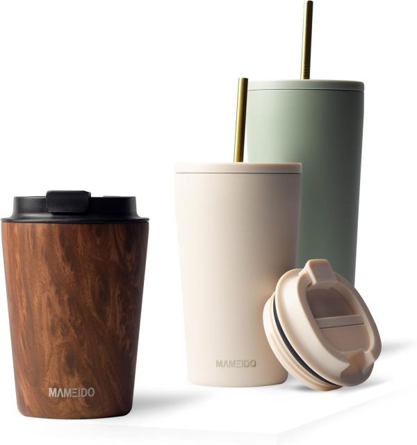 MAMEIDO Thermobecher 350ml, 470ml & 700ml - dichter Kaffeebecher to go aus Edelstahl doppelwandig isoliert, auslaufsicher - Coffee to go Becher warmhaltend (Oak Wood, 0,35l) 1