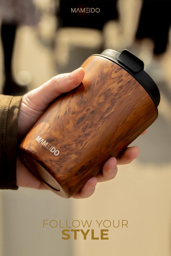 MAMEIDO Thermobecher 350ml, 470ml & 700ml - dichter Kaffeebecher to go aus Edelstahl doppelwandig isoliert, auslaufsicher - Coffee to go Becher warmhaltend (Oak Wood, 0,35l) 3