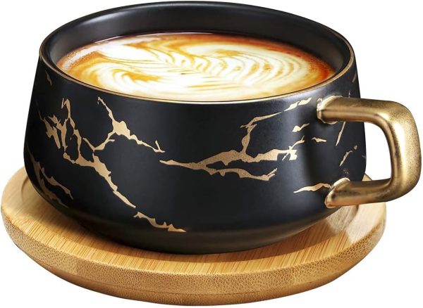 VETIN Cappuccino Tassen mit Unterteller, Tasse Marmor, 300 ml Espressotassen aus Porzellan für Tee Kaffee Cappuccino, Kaffee-Tassen mit Holzscheibe (Schwarz) 1