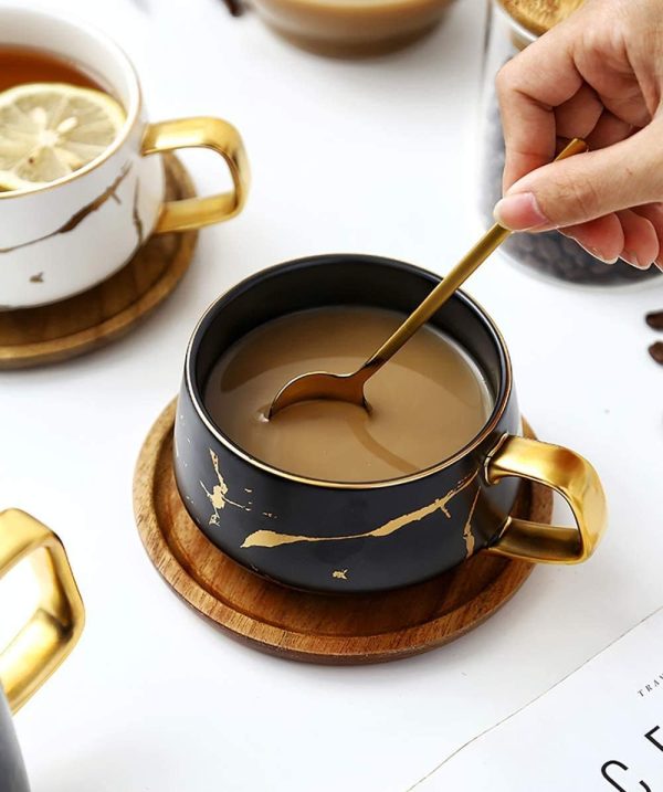 VETIN Cappuccino Tassen mit Unterteller, Tasse Marmor, 300 ml Espressotassen aus Porzellan für Tee Kaffee Cappuccino, Kaffee-Tassen mit Holzscheibe (Schwarz) 2