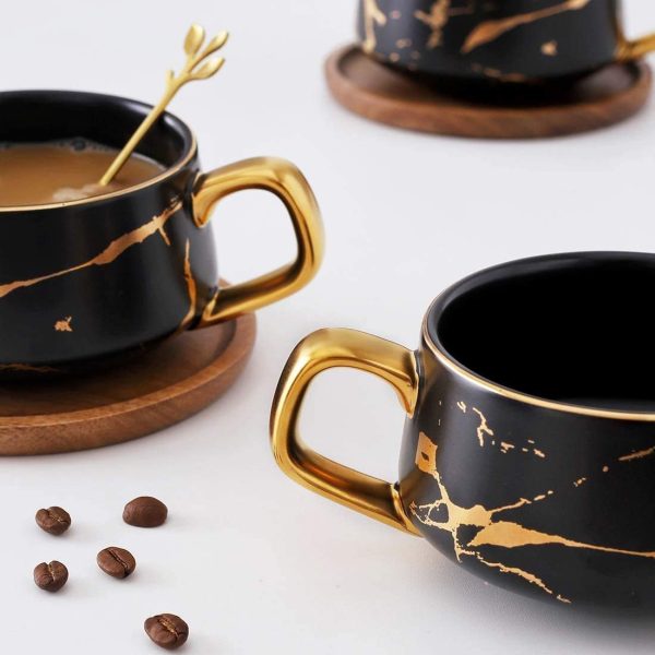 VETIN Cappuccino Tassen mit Unterteller, Tasse Marmor, 300 ml Espressotassen aus Porzellan für Tee Kaffee Cappuccino, Kaffee-Tassen mit Holzscheibe (Schwarz) 3