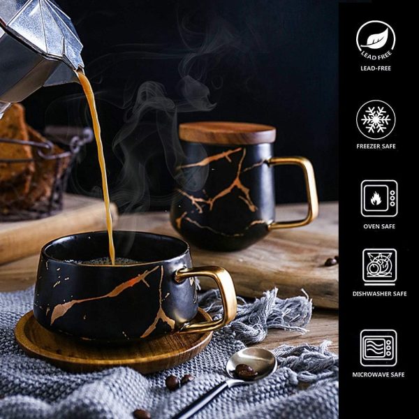 VETIN Cappuccino Tassen mit Unterteller, Tasse Marmor, 300 ml Espressotassen aus Porzellan für Tee Kaffee Cappuccino, Kaffee-Tassen mit Holzscheibe (Schwarz) 5