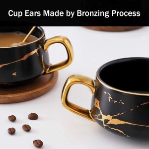 VETIN Cappuccino Tassen mit Unterteller, Tasse Marmor, 300 ml Espressotassen aus Porzellan für Tee Kaffee Cappuccino, Kaffee-Tassen mit Holzscheibe (Schwarz) 18