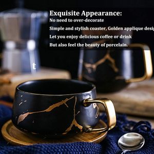 VETIN Cappuccino Tassen mit Unterteller, Tasse Marmor, 300 ml Espressotassen aus Porzellan für Tee Kaffee Cappuccino, Kaffee-Tassen mit Holzscheibe (Schwarz) 20