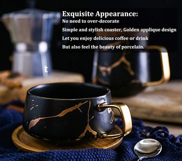 VETIN Cappuccino Tassen mit Unterteller, Tasse Marmor, 300 ml Espressotassen aus Porzellan für Tee Kaffee Cappuccino, Kaffee-Tassen mit Holzscheibe (Schwarz) 7