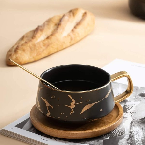 VETIN Cappuccino Tassen mit Unterteller, Tasse Marmor, 300 ml Espressotassen aus Porzellan für Tee Kaffee Cappuccino, Kaffee-Tassen mit Holzscheibe (Schwarz) 8