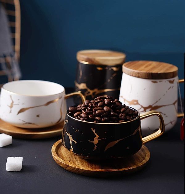 VETIN Cappuccino Tassen mit Unterteller, Tasse Marmor, 300 ml Espressotassen aus Porzellan für Tee Kaffee Cappuccino, Kaffee-Tassen mit Holzscheibe (Schwarz) 9
