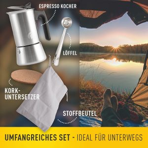 Barista Legends® Espressokocher Induktion geeignet - 200ml (4 Tassen) Kaffeekocher Edelstahl für den Herd oder fürs Camping - Kochen Sie leckeren Espresso mit unserer Mokkakanne inkl. Outdoor Set! 18