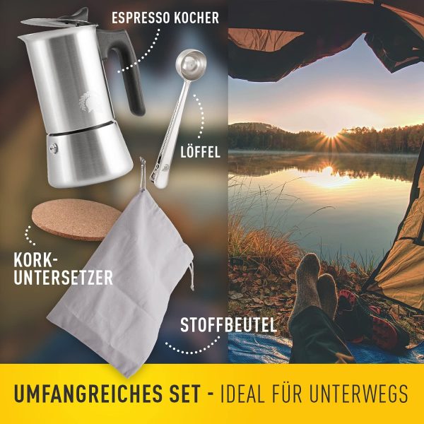 Barista Legends® Espressokocher Induktion geeignet - 200ml (4 Tassen) Kaffeekocher Edelstahl für den Herd oder fürs Camping - Kochen Sie leckeren Espresso mit unserer Mokkakanne inkl. Outdoor Set! 7