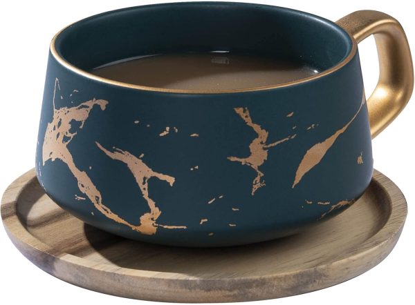 VETIN Cappuccino Tassen mit Unterteller, Tasse Marmor, 300 ml Espressotassen aus Porzellan für Tee Kaffee Cappuccino, Kaffee-Tassen mit Holzscheibe (Grün) 1