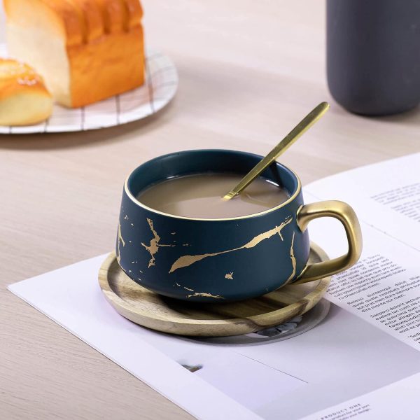 VETIN Cappuccino Tassen mit Unterteller, Tasse Marmor, 300 ml Espressotassen aus Porzellan für Tee Kaffee Cappuccino, Kaffee-Tassen mit Holzscheibe (Grün) 2