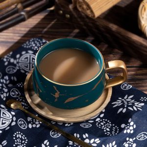 VETIN Cappuccino Tassen mit Unterteller, Tasse Marmor, 300 ml Espressotassen aus Porzellan für Tee Kaffee Cappuccino, Kaffee-Tassen mit Holzscheibe (Grün) 10
