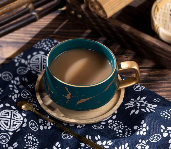 VETIN Cappuccino Tassen mit Unterteller, Tasse Marmor, 300 ml Espressotassen aus Porzellan für Tee Kaffee Cappuccino, Kaffee-Tassen mit Holzscheibe (Grün) 3