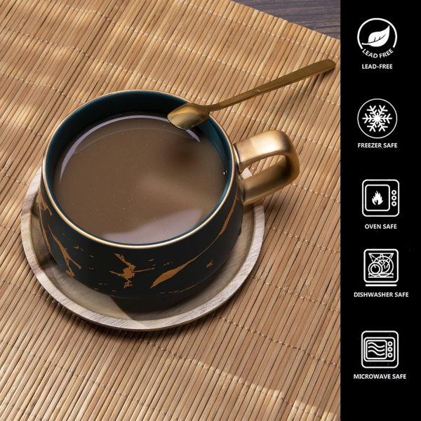 VETIN Cappuccino Tassen mit Unterteller, Tasse Marmor, 300 ml Espressotassen aus Porzellan für Tee Kaffee Cappuccino, Kaffee-Tassen mit Holzscheibe (Grün) 5