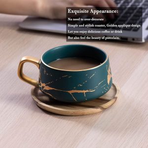 VETIN Cappuccino Tassen mit Unterteller, Tasse Marmor, 300 ml Espressotassen aus Porzellan für Tee Kaffee Cappuccino, Kaffee-Tassen mit Holzscheibe (Grün) 18