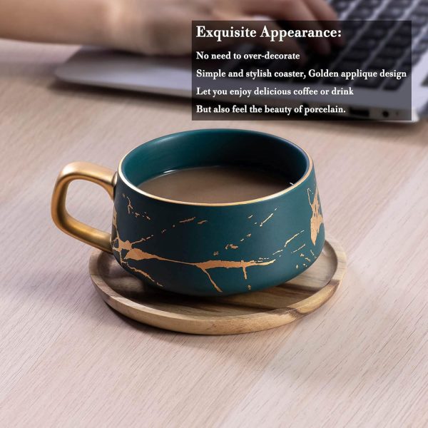 VETIN Cappuccino Tassen mit Unterteller, Tasse Marmor, 300 ml Espressotassen aus Porzellan für Tee Kaffee Cappuccino, Kaffee-Tassen mit Holzscheibe (Grün) 7