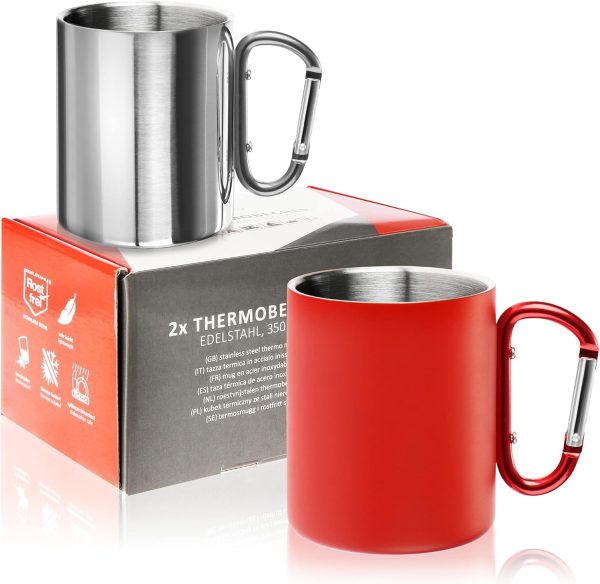 Robin Goods® 2x Edelstahl-Thermobecher mit Karabinergriff - 350 ml je Kaffeetasse - Thermo-Trinkbecher bruchsicher - doppelwandige Isolierbecher (2 Stück - Edelstahl silberfarben/rot - Karabinergriff) 1
