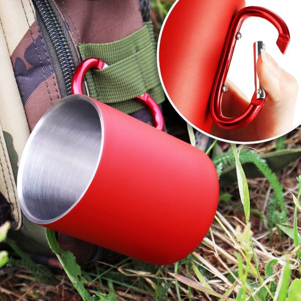 Robin Goods® 2x Edelstahl-Thermobecher mit Karabinergriff - 350 ml je Kaffeetasse - Thermo-Trinkbecher bruchsicher - doppelwandige Isolierbecher (2 Stück - Edelstahl silberfarben/rot - Karabinergriff) 2