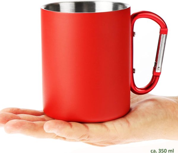 Robin Goods® 2x Edelstahl-Thermobecher mit Karabinergriff - 350 ml je Kaffeetasse - Thermo-Trinkbecher bruchsicher - doppelwandige Isolierbecher (2 Stück - Edelstahl silberfarben/rot - Karabinergriff) 6