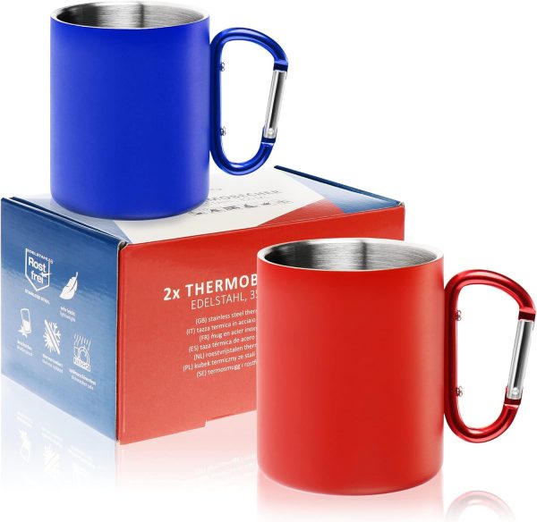 Robin Goods® 2X Edelstahl-Thermobecher mit Karabinergriff - 350 ml je Kaffeetasse - Thermo-Trinkbecher bruchsicher - doppelwandige Isolierbecher (2 Stück - blau/rot - mit Karabinergriff) 1