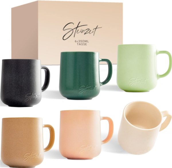 Steinzeit Design Kaffeetassen (6x350ml) - Kaffeebecher aus 100% Handfertigung - Tassen Set mit 6 einzigartigen Pastellfarben - Große Tasse 350ml für jedes Getränk geeignet 1