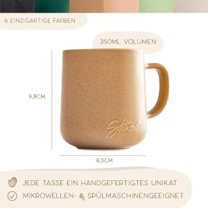 Steinzeit Design Kaffeetassen (6x350ml) - Kaffeebecher aus 100% Handfertigung - Tassen Set mit 6 einzigartigen Pastellfarben - Große Tasse 350ml für jedes Getränk geeignet 18