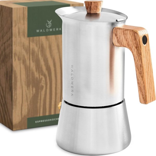 WALDWERK Espressokocher (300ml) - Espressokocher Induktion für alle Herdarten geeignet - Mokkakanne aus Edelstahl mit Holzgriff aus echtem Eichenholz 1