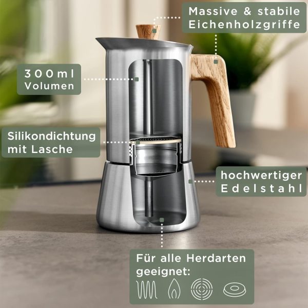 WALDWERK Espressokocher (300ml) - Espressokocher Induktion für alle Herdarten geeignet - Mokkakanne aus Edelstahl mit Holzgriff aus echtem Eichenholz 2