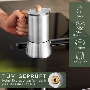 WALDWERK Espressokocher (300ml) - Espressokocher Induktion für alle Herdarten geeignet - Mokkakanne aus Edelstahl mit Holzgriff aus echtem Eichenholz 10